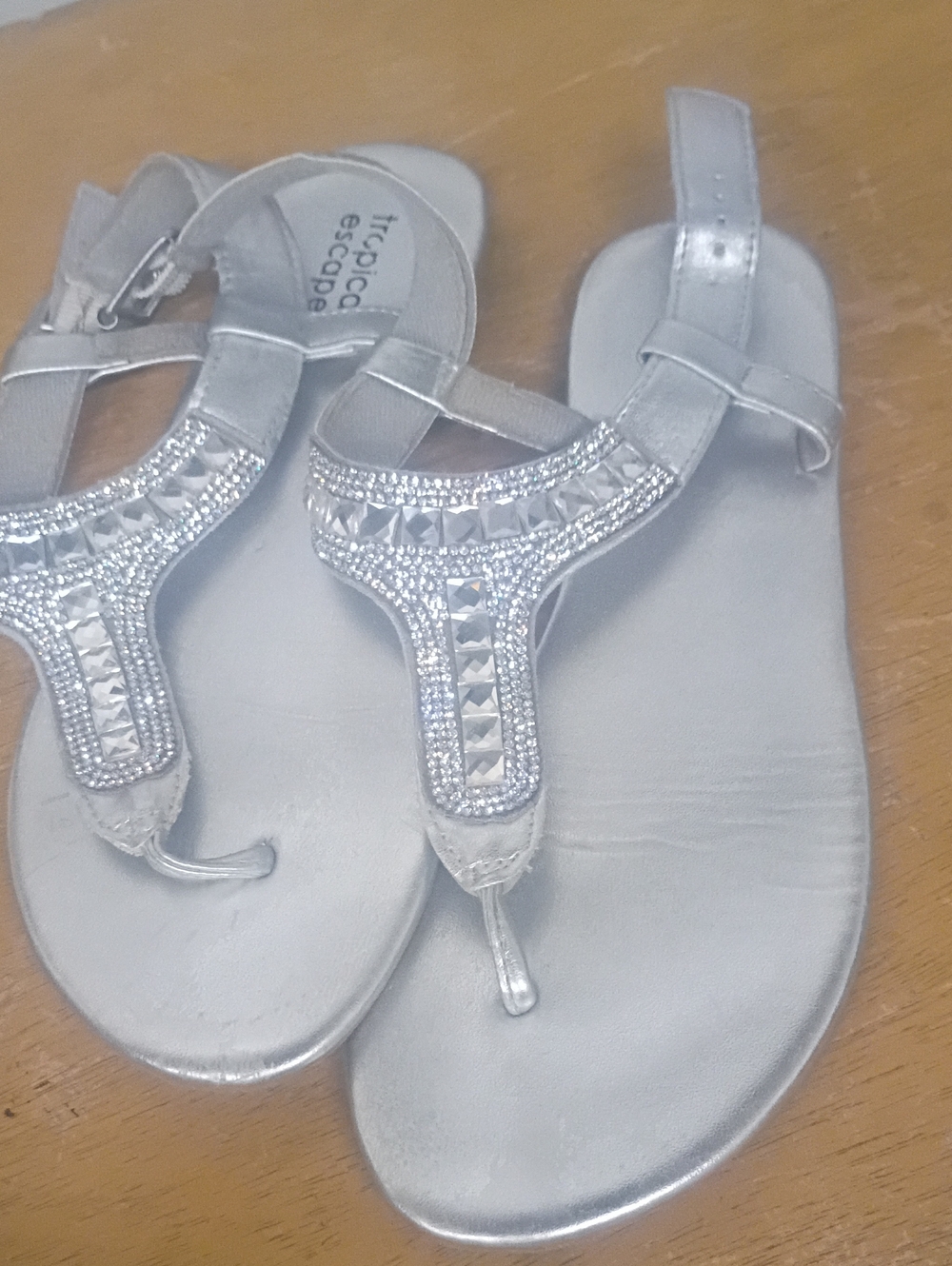 Tropical Escape Silver Jeweled T-Strap Sandals